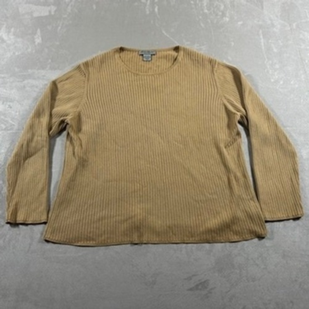Eddie Bauer Ribbed Knit Top Womens XL Tan Long Sleeve Cotton Crew Neck